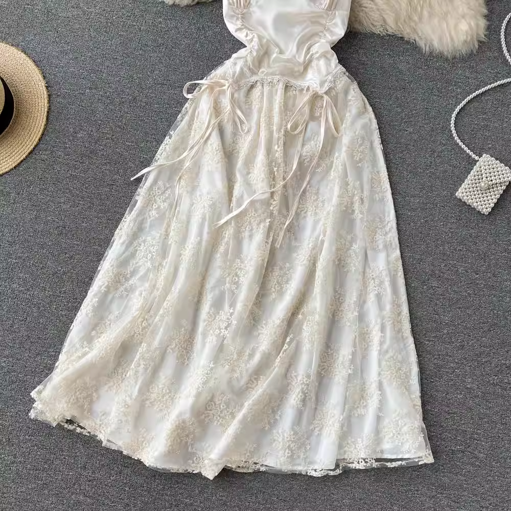 Summer Lace Suspender Dress Sweet Embroidery Fairy Long Skirt 1219
