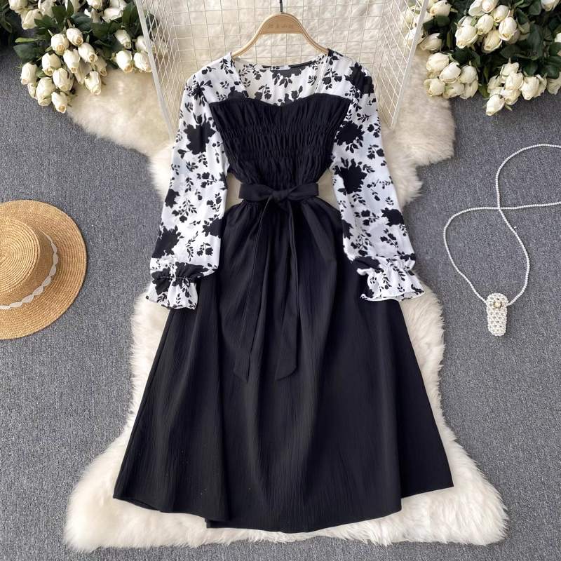 Square Collar Long Sleeves Floral Dress Women  Spring Chiffon Long Skirt 1273