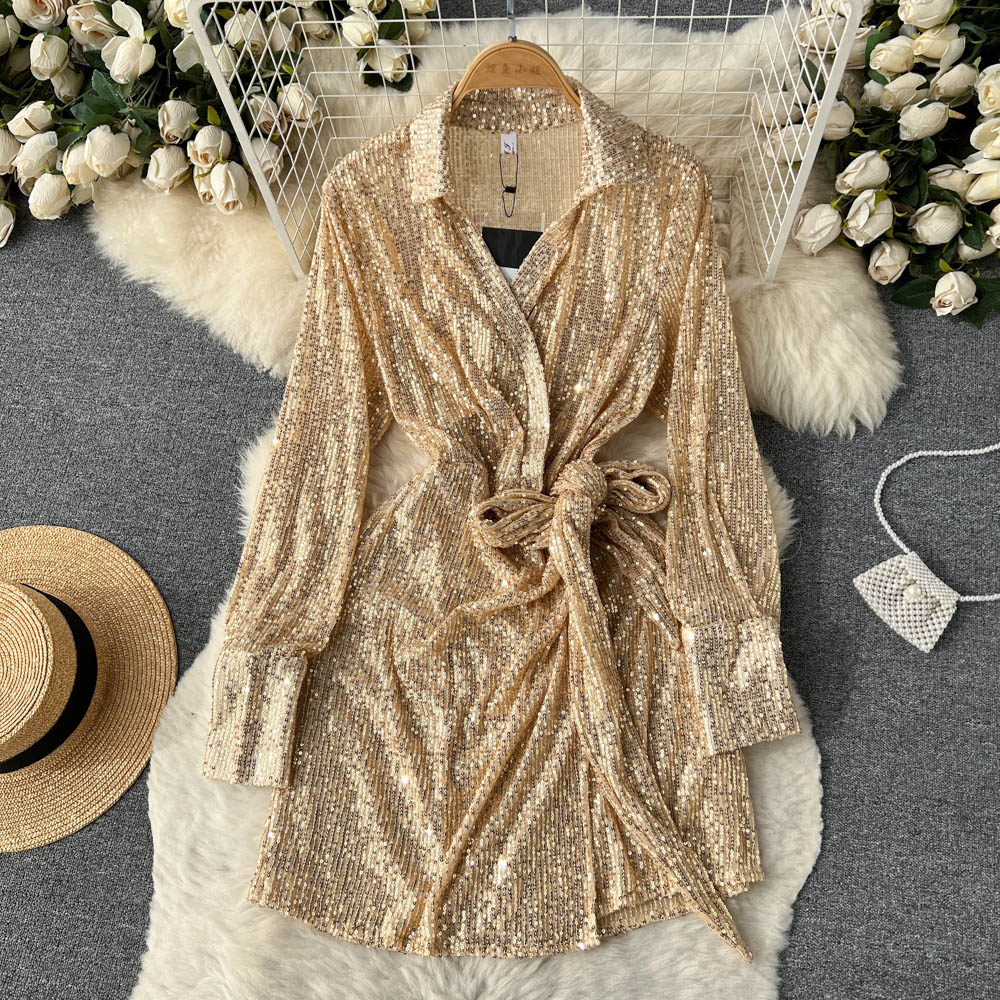 Sequined V Neck Long Sleeves Dress Sexy Short Dress with Slit 1170