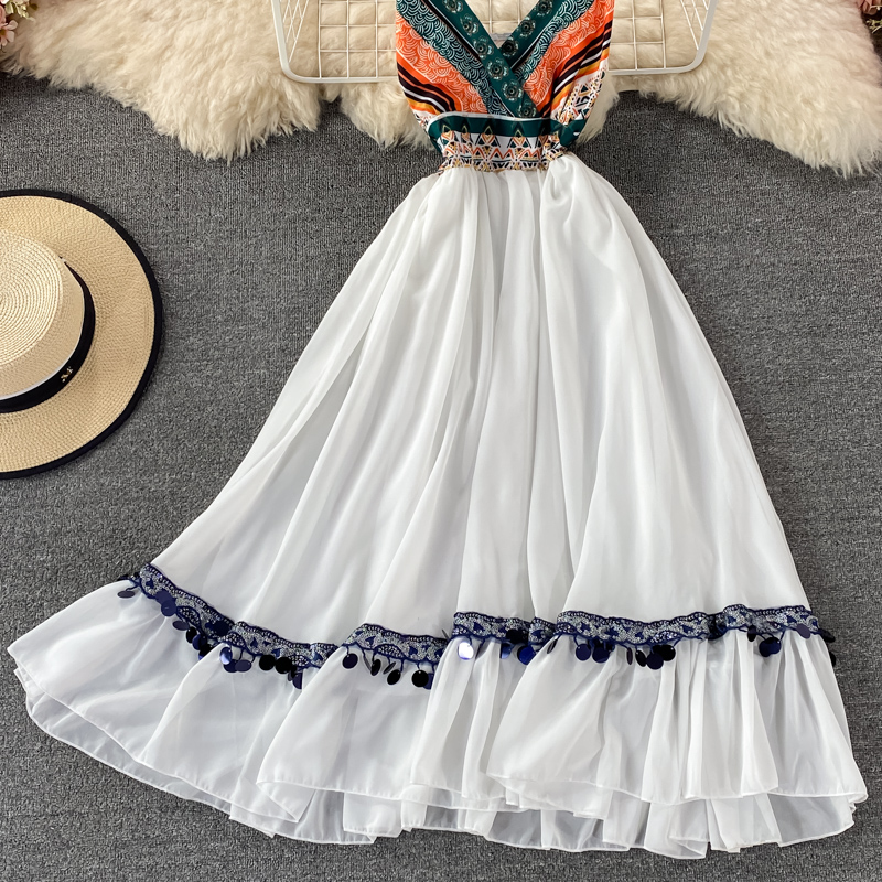 Retro Printed Suspender Skirt Bohemian Elegant Dress Summer 1331