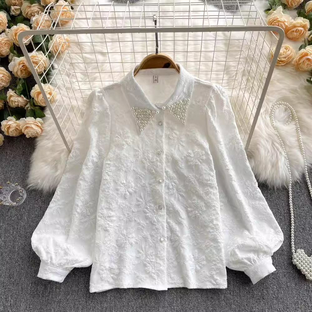 French Retro Beaded Polo Collar Shirt Loose Puff Sleeve Top 1040