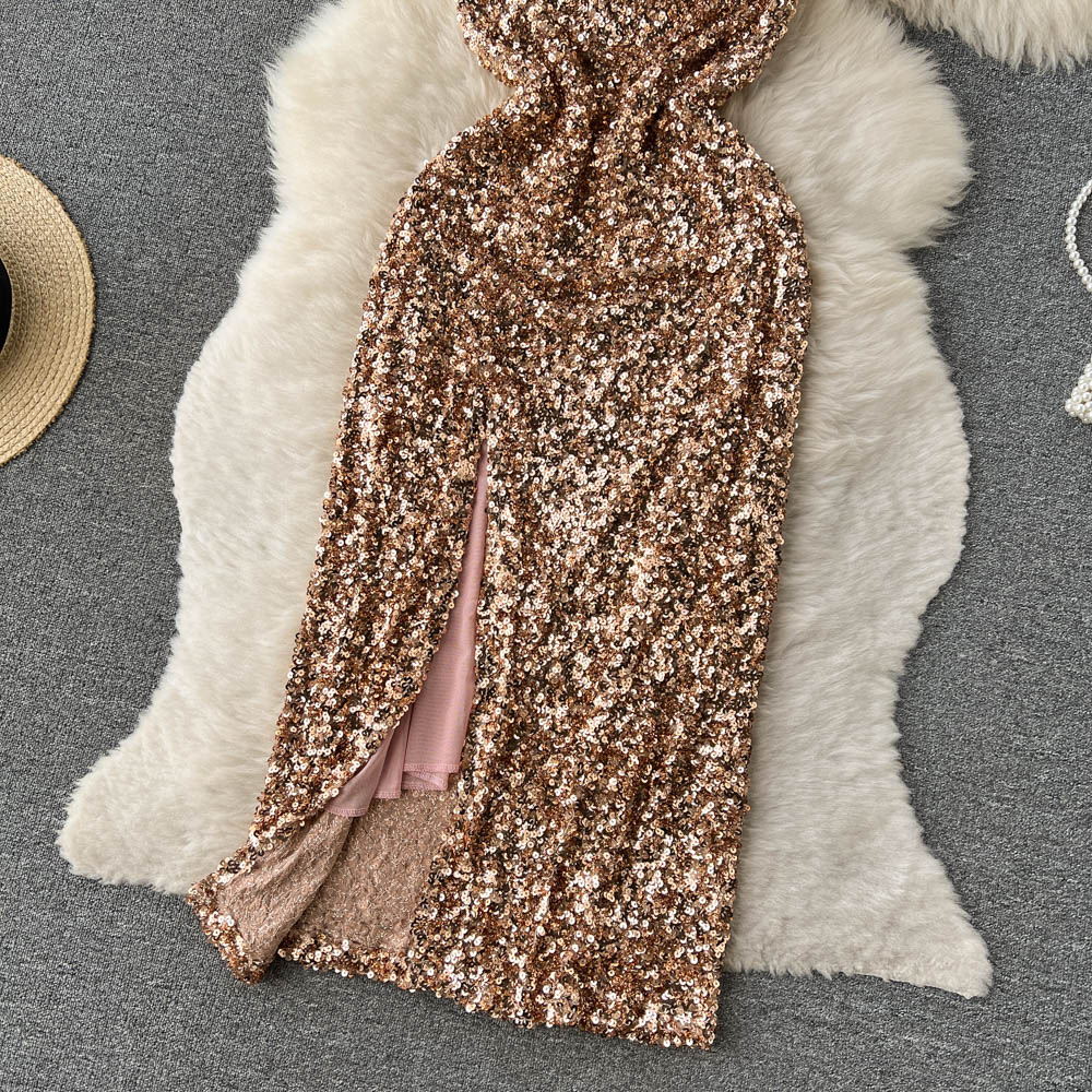 Sexy Sequines Glitter Suspender Dress with Split Evening Dress 1242