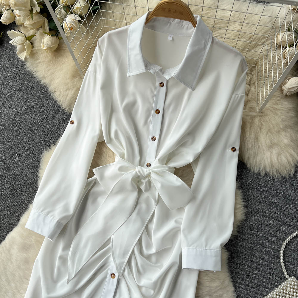 White Shirt Dress Women Spring and Autumn Elegant Long Skirt 1264
