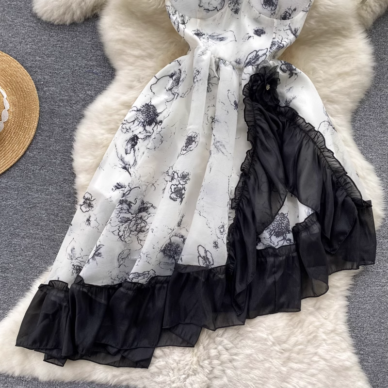 Ruffled Irregular Sling Floral Dress Printed Summer Short Dress for Girl 1153