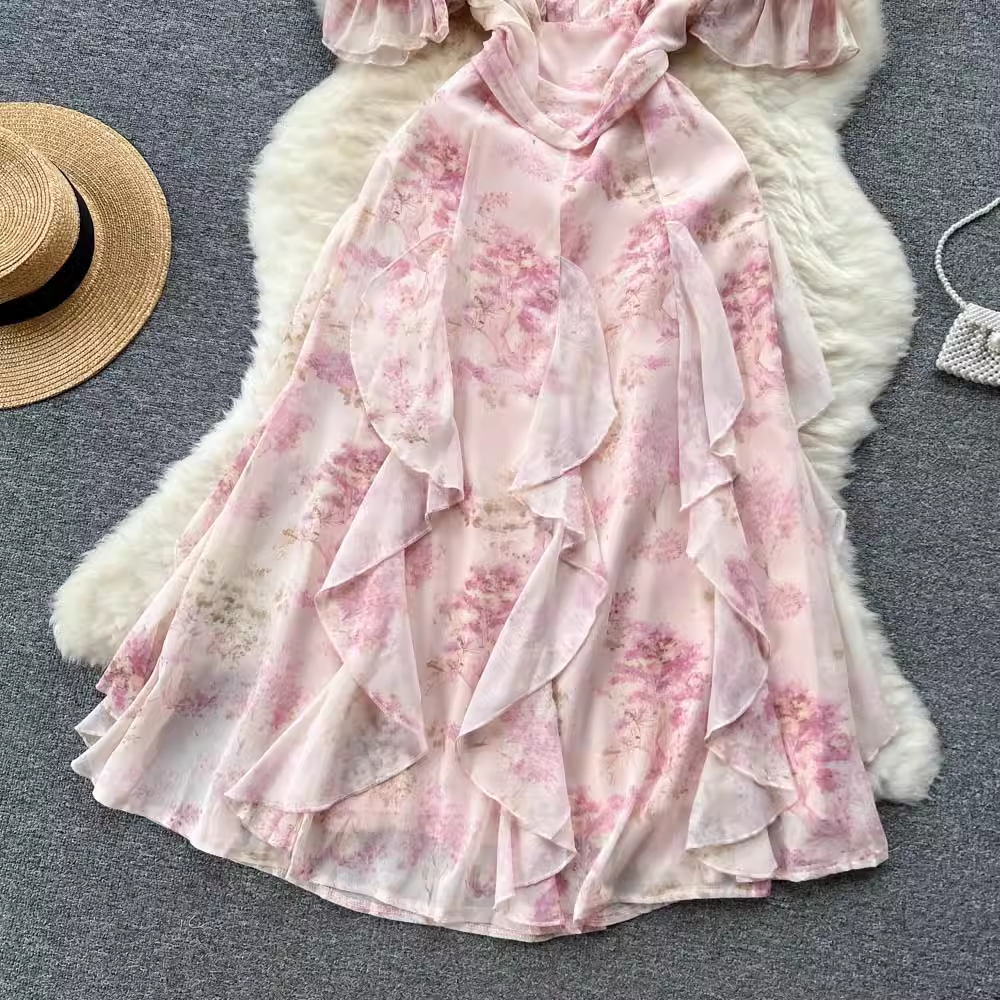 Summer Sweet Floral Dress Strapless Sling Irregular Fairy Long Skirt 1106