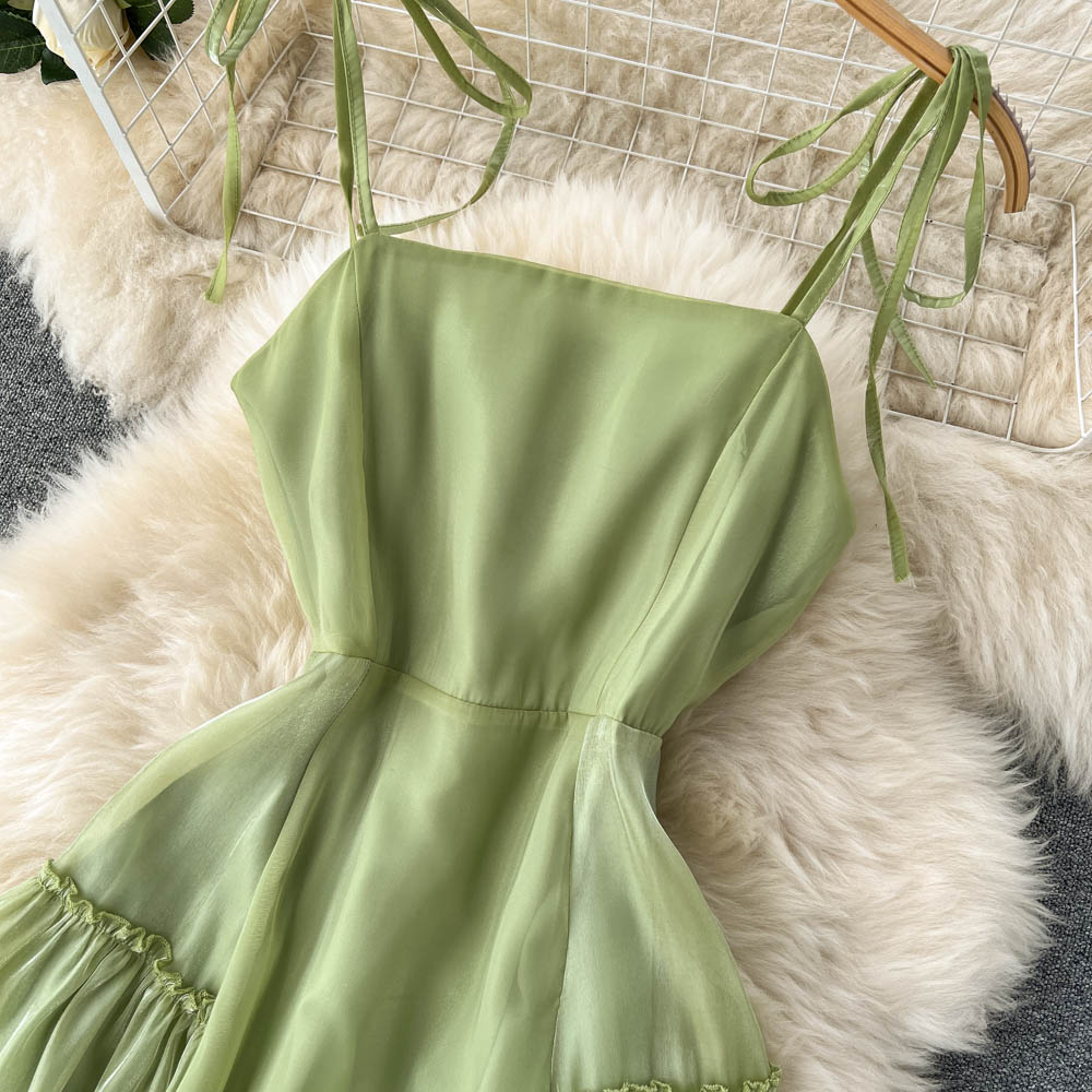 Summer Ruffled Suspender Skirt Mid Length Fairy Chiffon Pleated Dress 1163