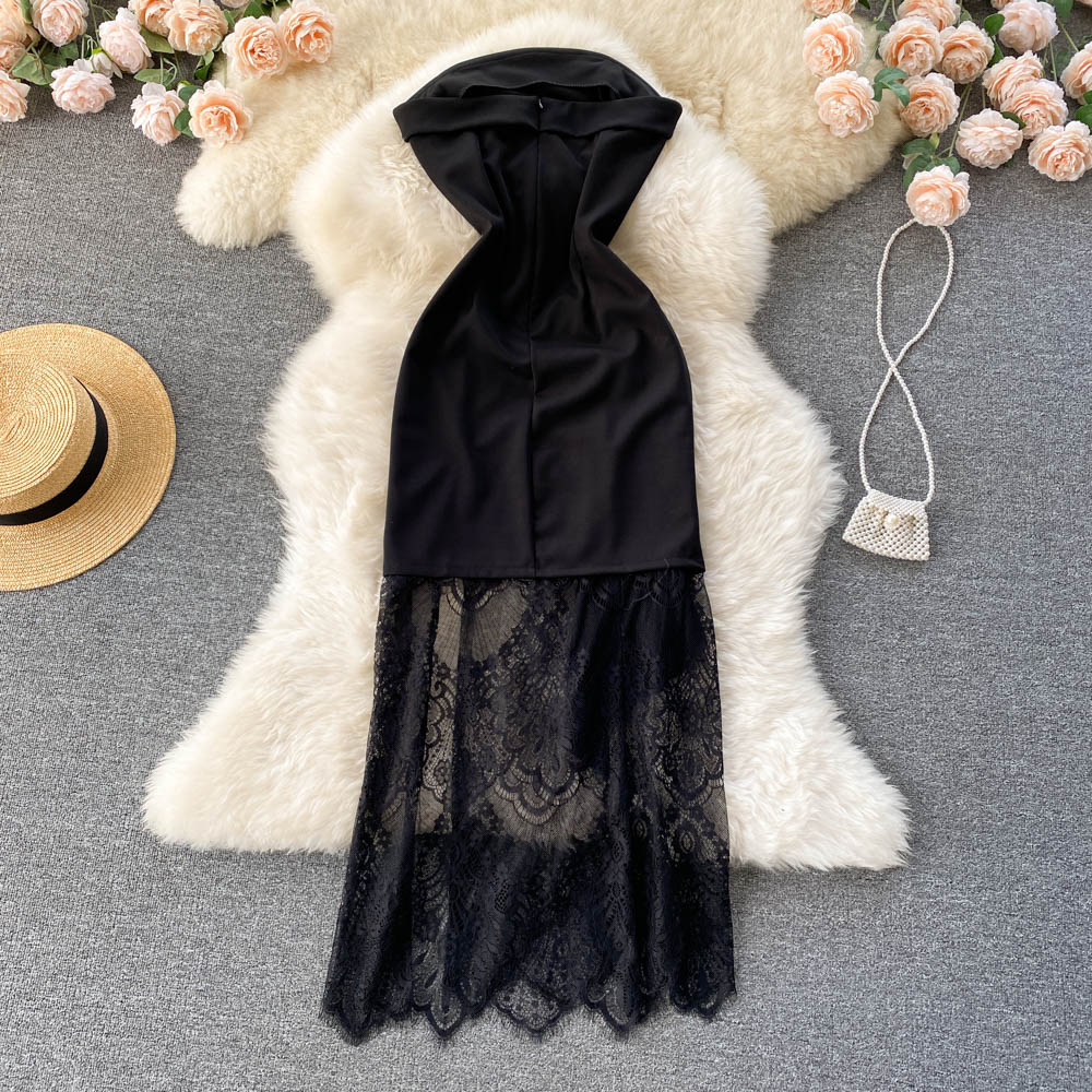 Black Lace Strapless Evening Dress Elegant Tube Top  Dress 1183