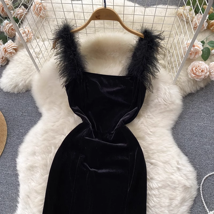Sexy Feather Suspender Dress Women Retro Velvet Skirt with Slit 1265
