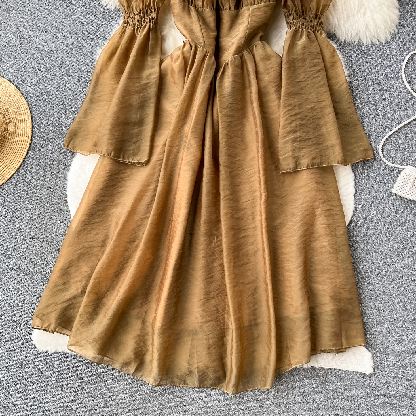 Retro Mesh A Line Dress Girl Summer Ruffled Petal Sleeve Mid length Skirt 1278