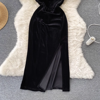 Sexy Feather Suspender Dress Women Retro Velvet Skirt with Slit 1265