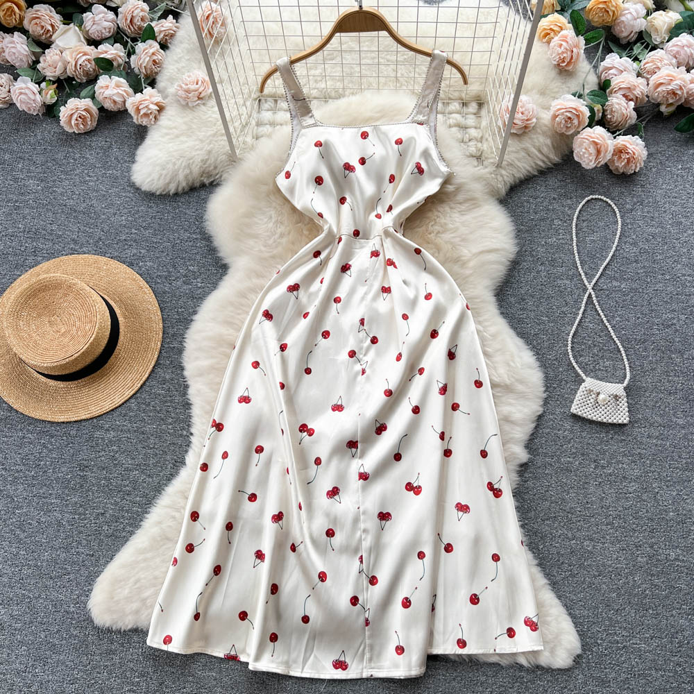 Satin Cherry Print Dress Summer Sweet Dress 1131