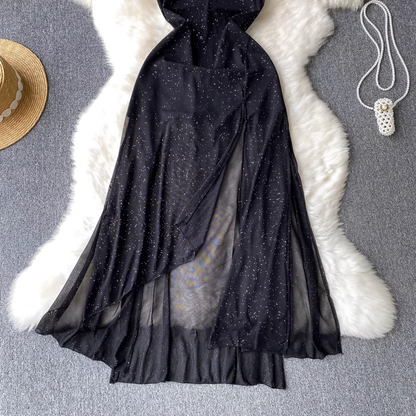 Summer V Neck Slit Mesh Dress Fairy Sparkling Black Dress 1248