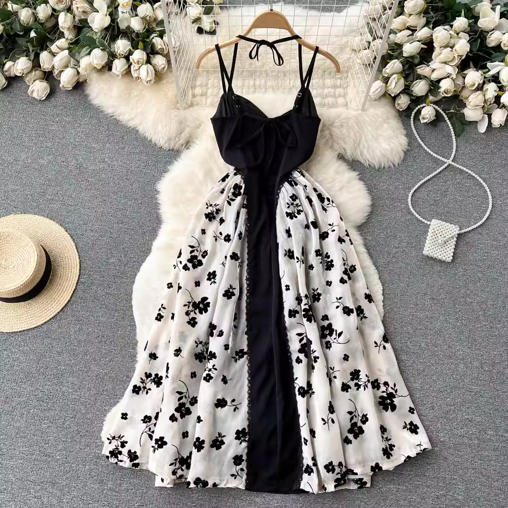 Summer Retro Sling Floral Dress Mid Length Fairy Skirt 1138