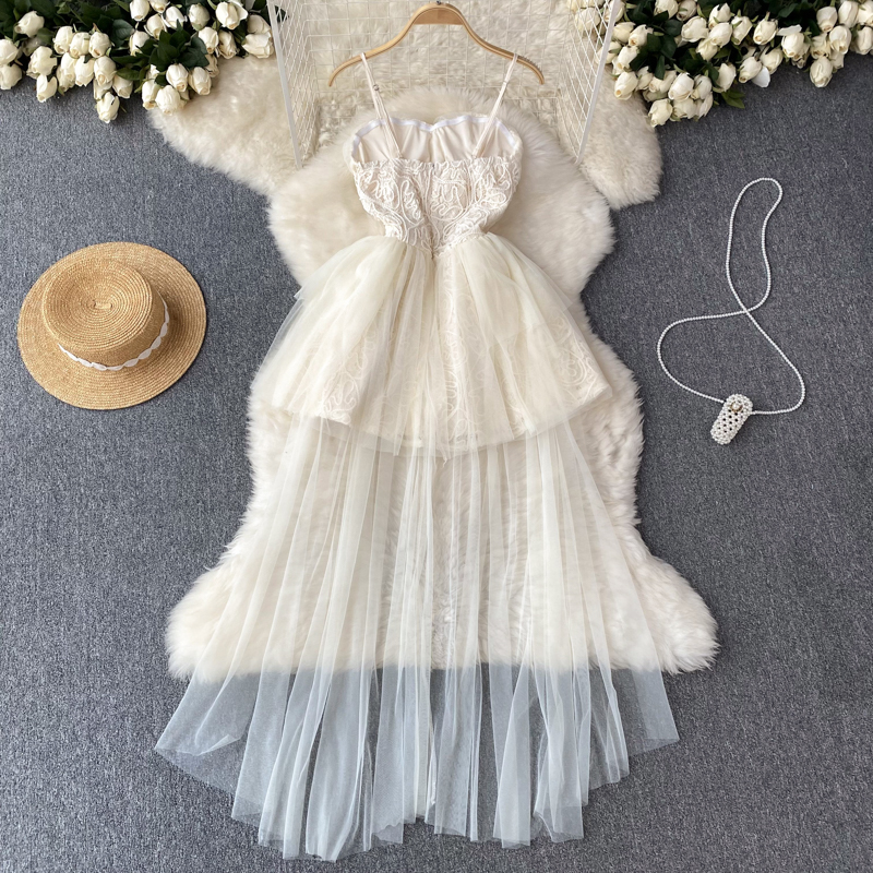 Lace Mesh Fluffy  Dress Summer Spaghetti Strap Dress 1176
