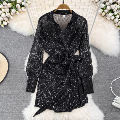 Long Sleeves Sequined V Neck Short Dress with Bowknot A Line Dress 1303