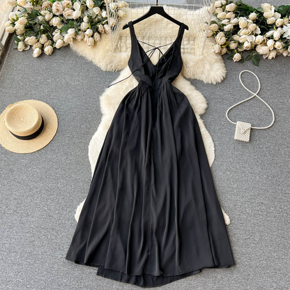 V Neck Backless Black Dress Summer Retro Slit Dress 1251
