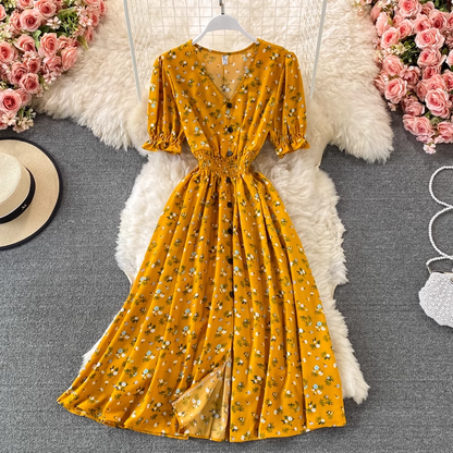 Summer V Neck Short Sleeves Chiffon Dress Puff Sleeves Floral Skirt 1337