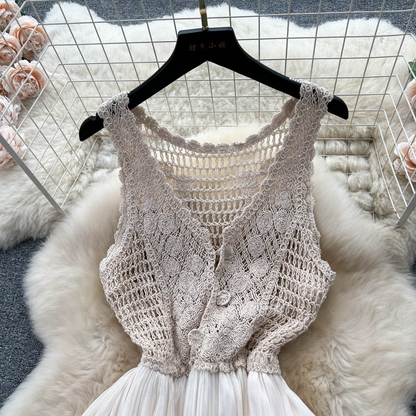 Knitted Vest Dress Summer V Neck Hollow Mesh Skirt 1179
