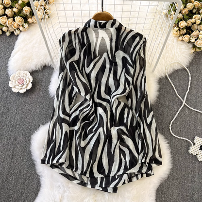Hong Kong Style Long Sleeves Shirt Dress Zebra Print Suit Jacket Dress 1298