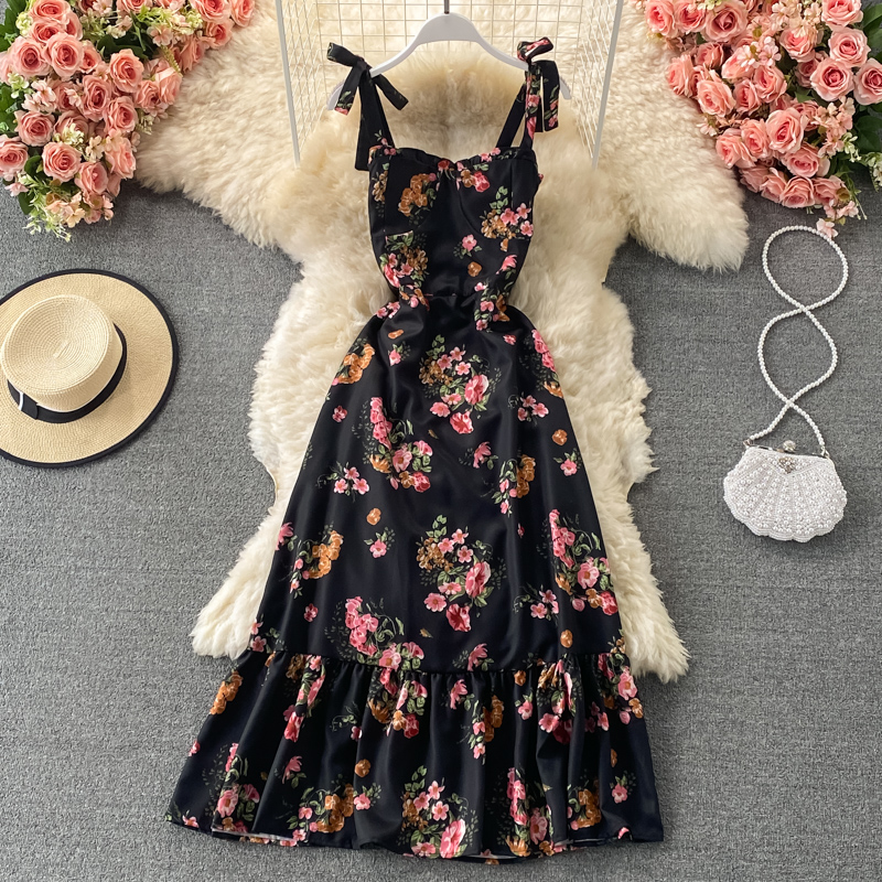 Summer Girl Ruffled Bowknot Shoulder Strap Dress Floral Mid Length Dress 1315