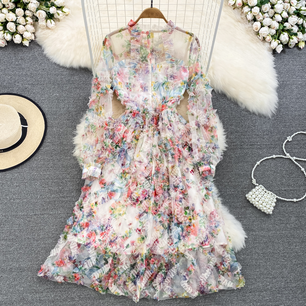 Spring and Autumn Fairy Mesh Floral Dress Round Neck Long Sleeve A Line Dress 1297