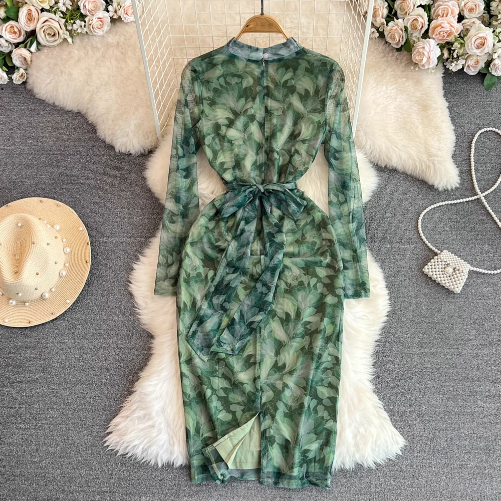Green Long Sleeves V Neck Long Skirt Spring and Autumn Korean Style Printed Sheath Dress 1306
