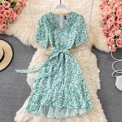 Summer V Neck Floral Dress High Waist Sweet Ruffled A Line Skirt 1317