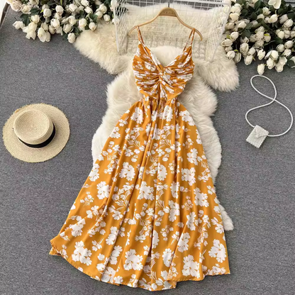 Summer Pleated Chiffon Suspender Skirt Floral Dress 1209