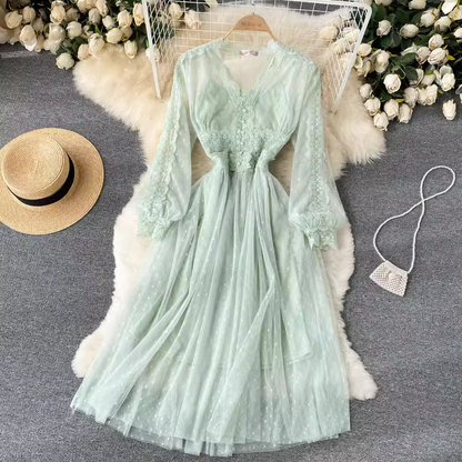 Elegant Lace V Neck French Dress Fairy Mesh Midi Dress 1162