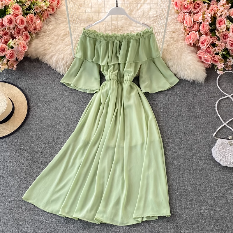 Off Shoulder Ruffled Chiffon Dress with Trumpet Sleeves Long Skirt 1324