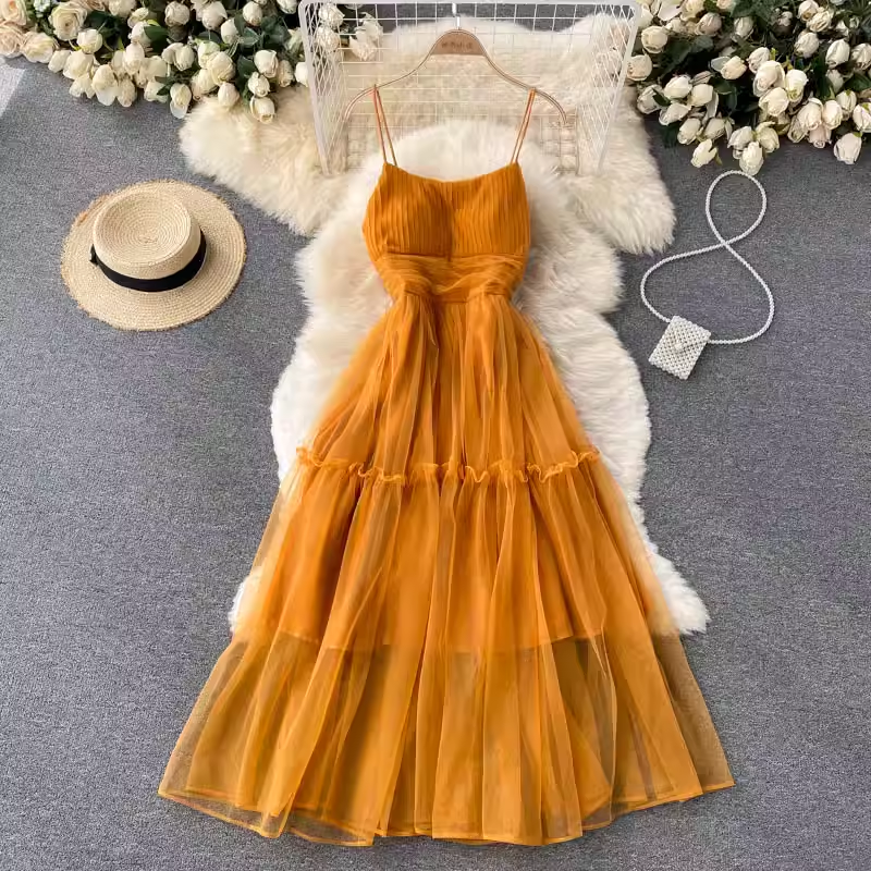 Summer Fairy Tutu Skirt French Princess Dress Mesh Suspender Dress 1120