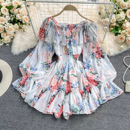 Off The Shoulder Printed Chiffon Jumpsuit Skirt Fairy Loose Shorts Jumpsuit 1340
