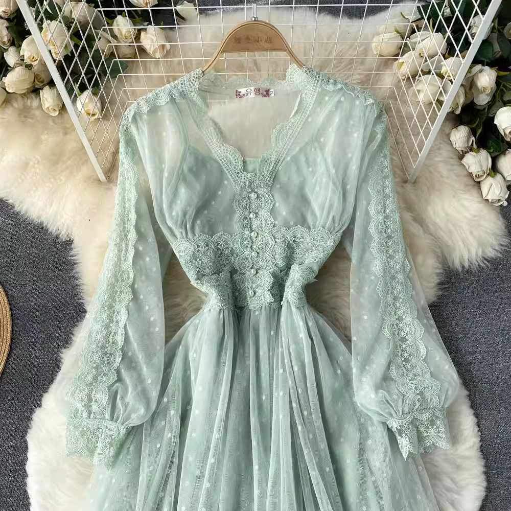Elegant Lace V Neck French Dress Fairy Mesh Midi Dress 1162