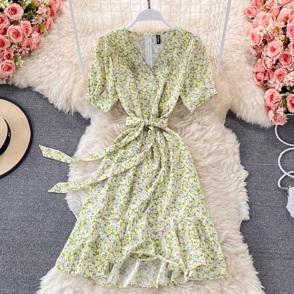 Summer V Neck Floral Dress High Waist Sweet Ruffled A Line Skirt 1317