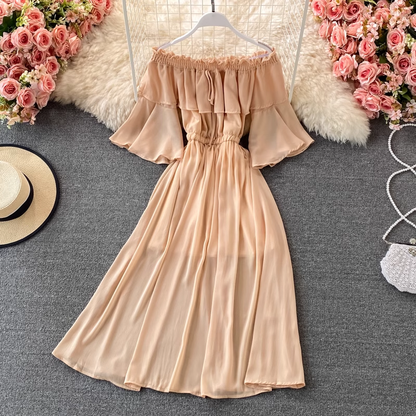 Off Shoulder Ruffled Chiffon Dress with Trumpet Sleeves Long Skirt 1324