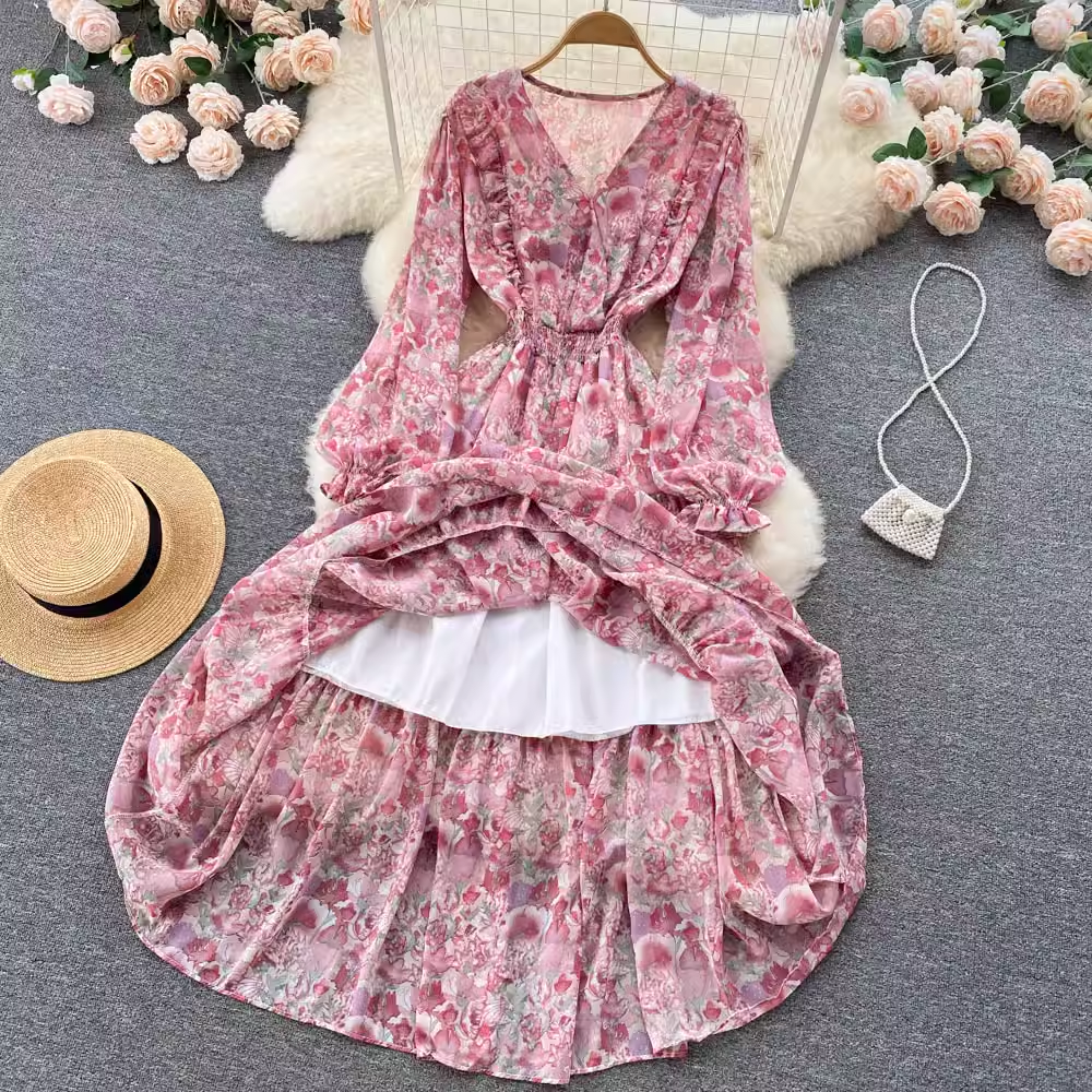 Sweet Floral Fairy Skirt V Neck Spring Dress 1257