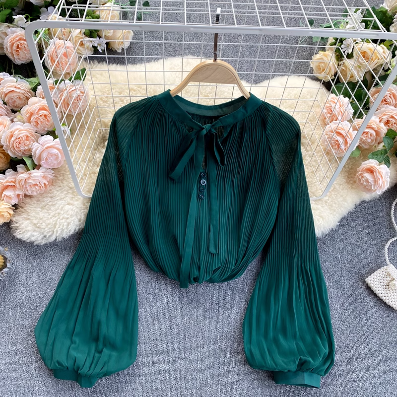 Women Chiffon Long Sleeve Shirt Pressed Pleated Loose Spring Top  1028