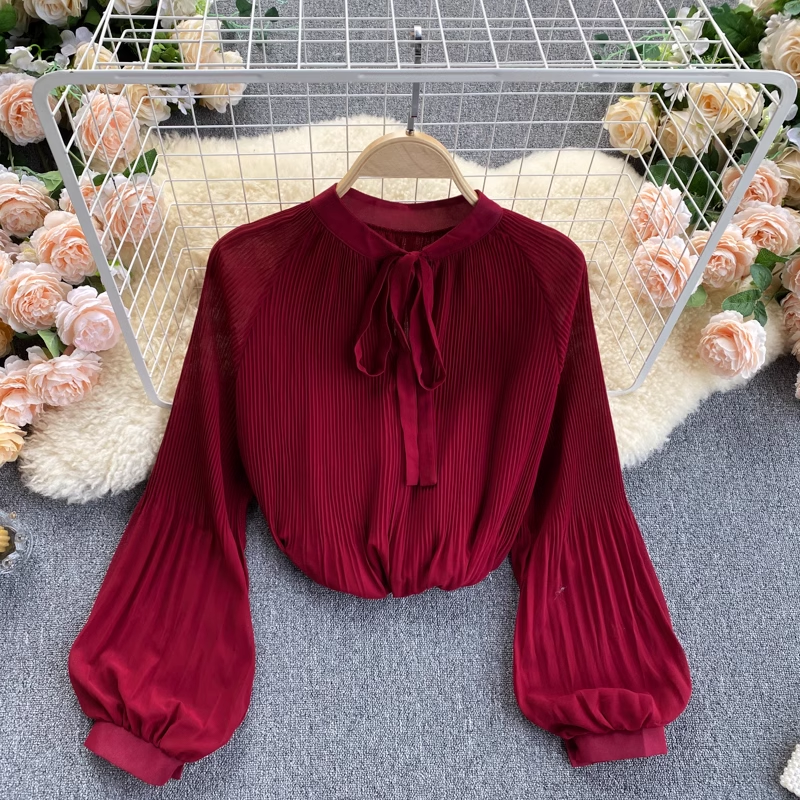 Women Chiffon Long Sleeve Shirt Pressed Pleated Loose Spring Top  1028