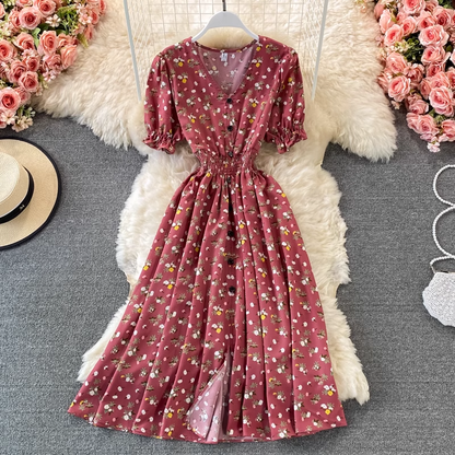 Summer V Neck Short Sleeves Chiffon Dress Puff Sleeves Floral Skirt 1337