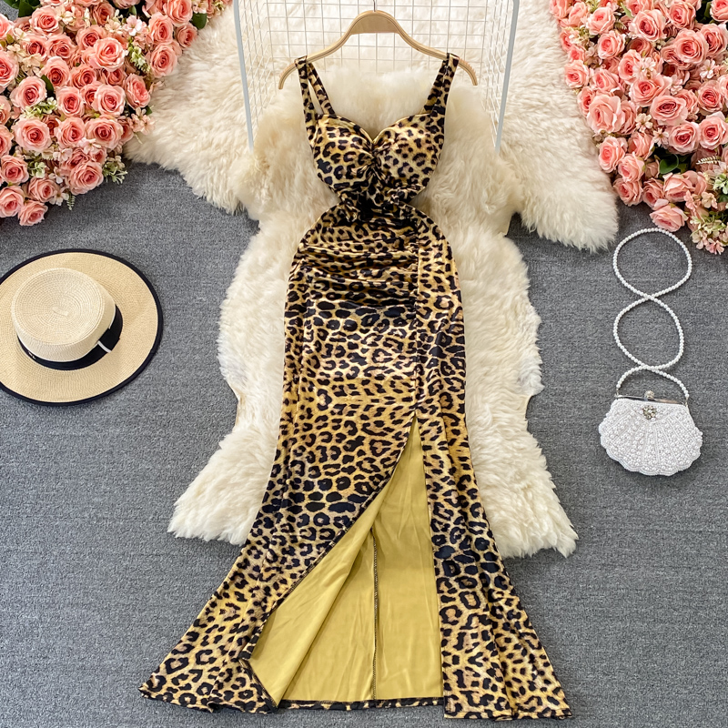 Summer Leopard Print Dress with Slit Sheath Evening Dress 1353