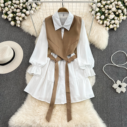 Spring and Autumn Vintage Vest Shirt Dress Two Pieces Set 1501