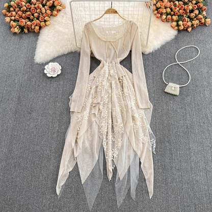 Retro Long Sleeves Irregular Round Neck Lace Fairy Dress 1452