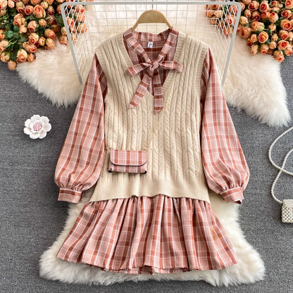 Korean Style Loose Plaid Mid Length Bowknot Dress Knitted Sweater Vest Two Pieces Set 1394