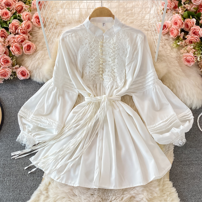 Autumn Court Style Bow Loose White Short Dress 1385