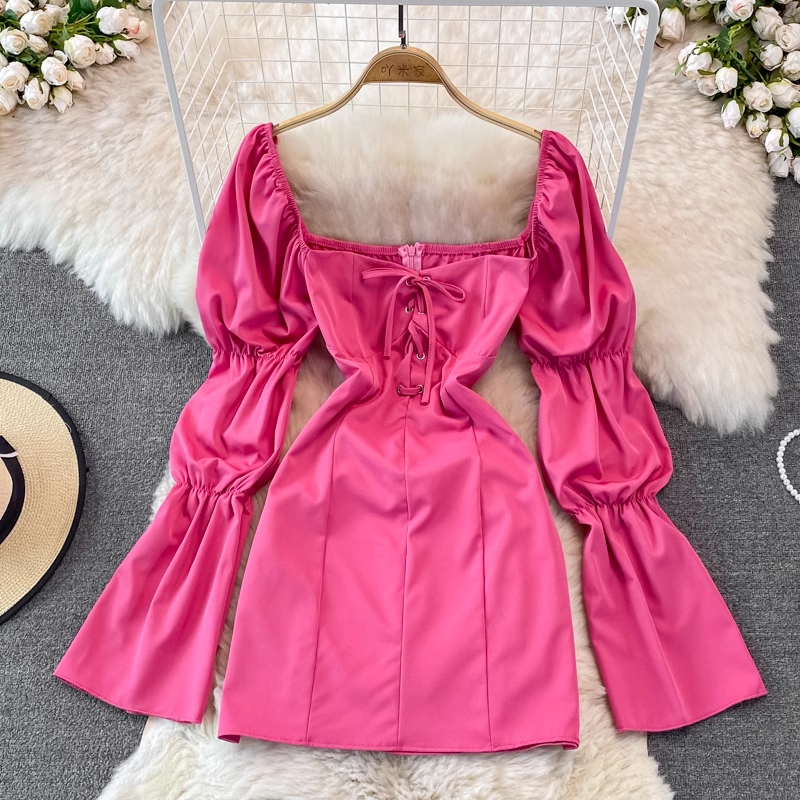 Autumn Court Style Puff Sleeve Square Collar Midlength High Waist Dress Fashion Fairy Skirt 1408