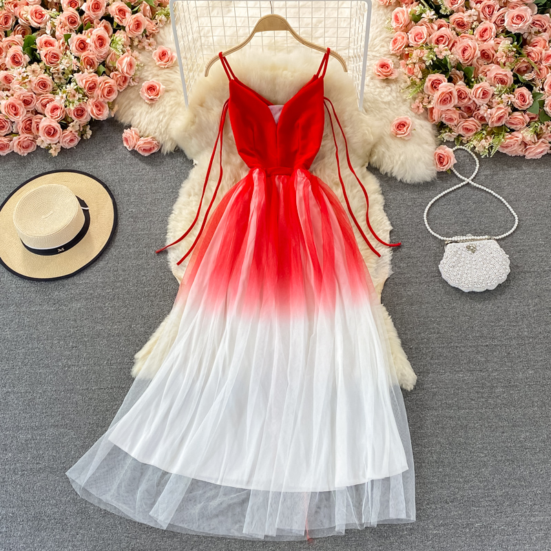 Gradient Mesh Evening Dress Summer Elegant V Neck  Spaghetti Strap Dress 1367