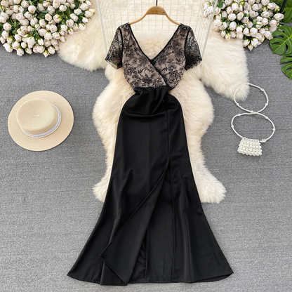 Summer V Neck Lace Elegant Slit A Line Dress 1472