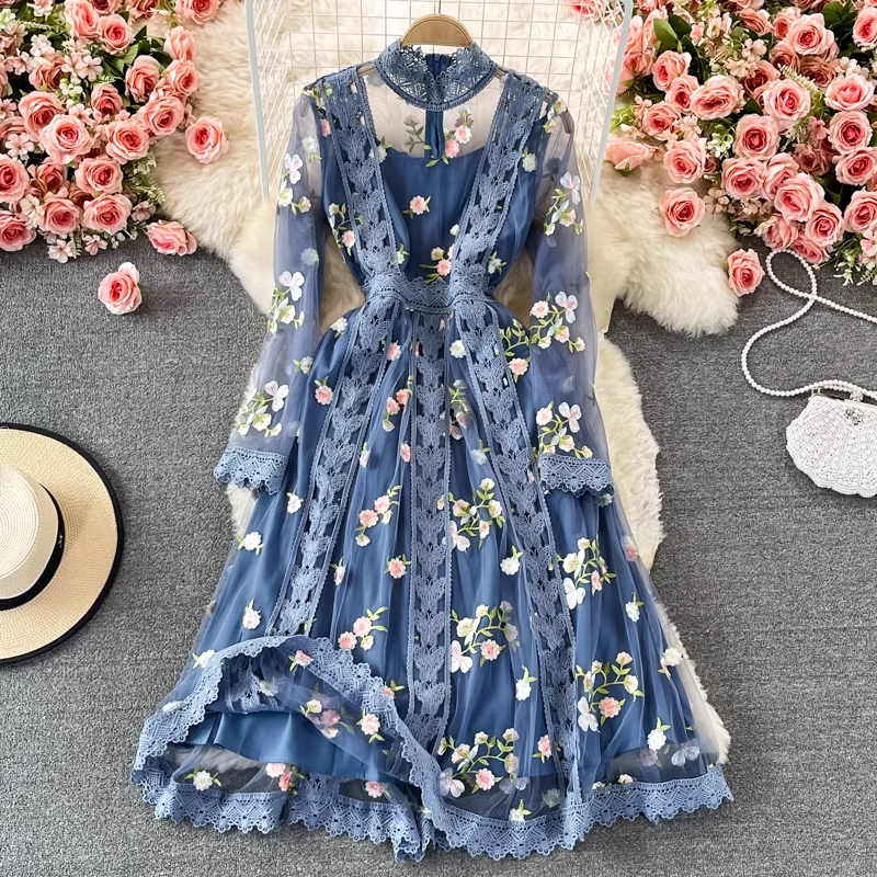 Autumn Fairy Long Dress Embroidered Mesh Floral Blue Stand Collar Dress 1374