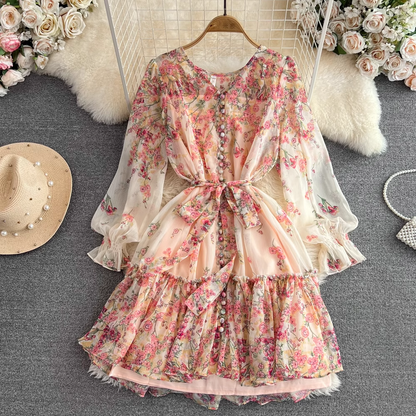 Spring and Autumn Long Sleeves V Neck A Line Printed Flora Dress 1528