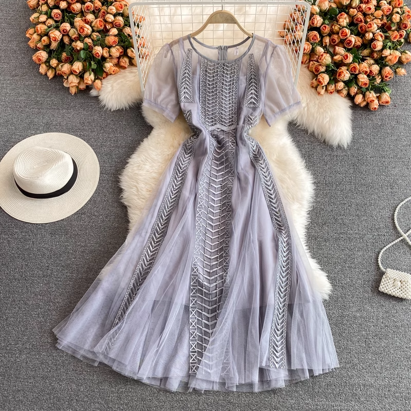 Summer Fairy Embroidered Beaded Dress Mesh Swing Long Dress 1360